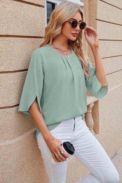 Round Neck Slit Half Sleeve Top - Trendsi - Flyclothing LLC