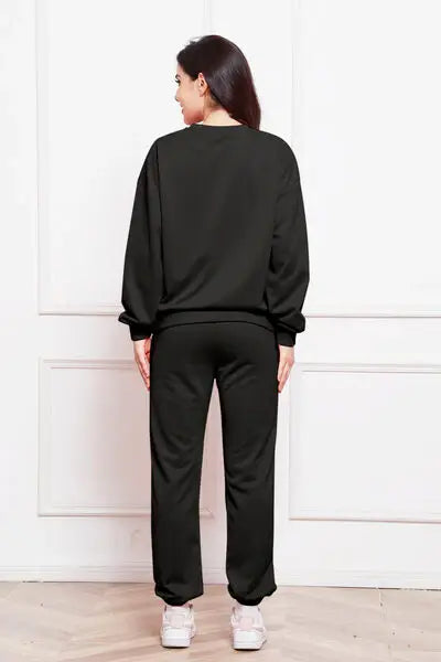 Round Neck Long Sleeve Sweatshirt and Pants Set - Trendsi - Flyclothing LLC