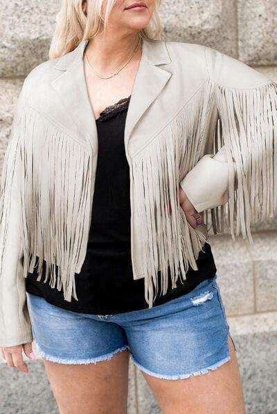 Plus Size Fringe Open Front Jacket - Trendsi - Flyclothing LLC