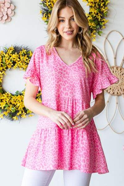 Heimish Full Size Leopard Ruffle Trim Short Sleeve Top - Trendsi - Flyclothing LLC