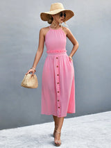 Buttoned Halter Neck Frill Trim Midi Dress - Trendsi - Flyclothing LLC