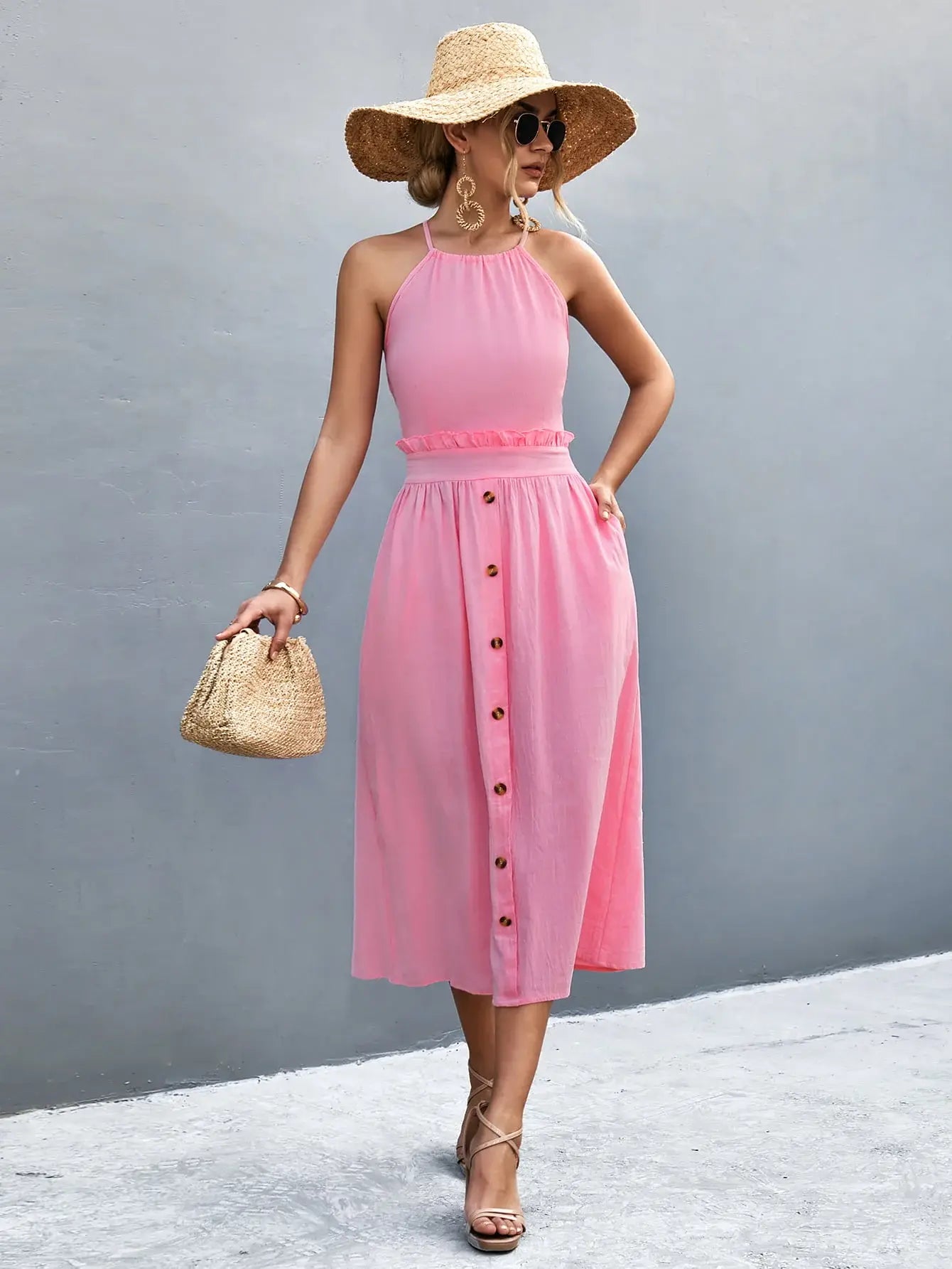 Buttoned Halter Neck Frill Trim Midi Dress - Trendsi - Flyclothing LLC