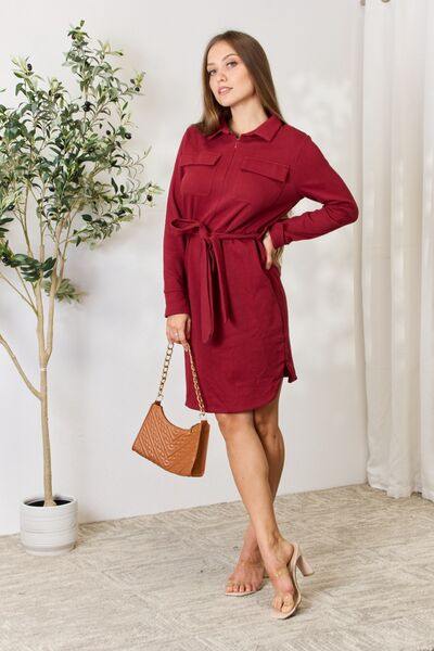 Culture Code Full Size Tie Front Half Zip Long Sleeve Shirt Dress - Trendsi