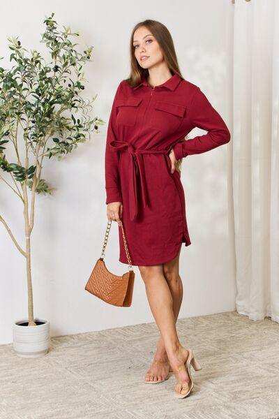 Culture Code Full Size Tie Front Half Zip Long Sleeve Shirt Dress - Trendsi - Flyclothing LLC
