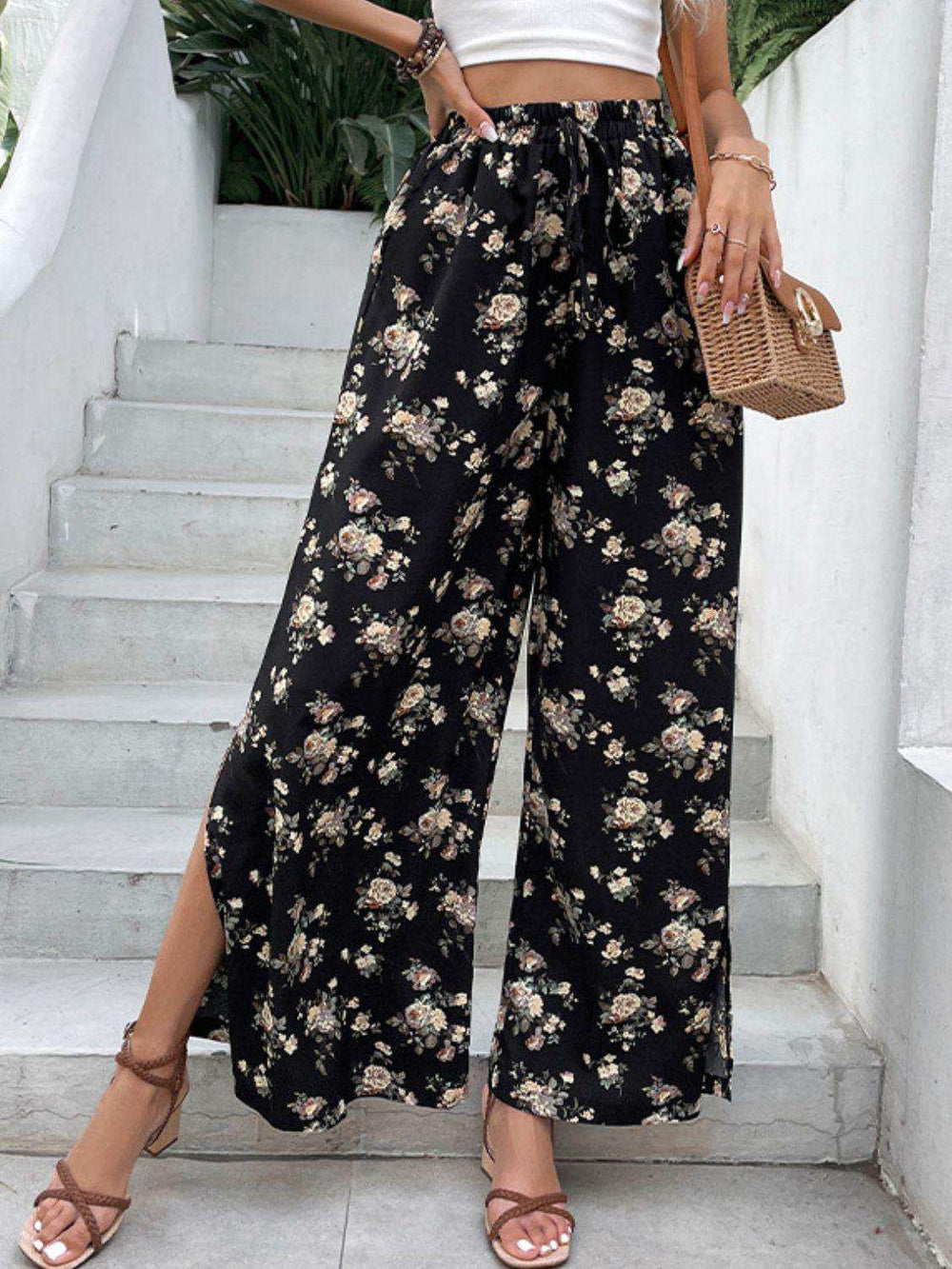Floral Side Slit Wide Leg Pants - Trendsi - Flyclothing LLC