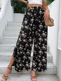 Floral Side Slit Wide Leg Pants - Trendsi