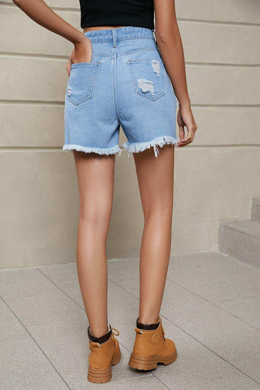 Fringe Trim Distressed Denim Shorts with Pockets - Trendsi - Flyclothing LLC