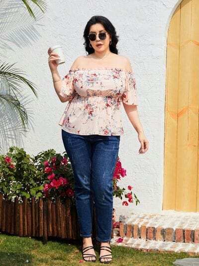 Plus Size Frill Printed Flutter Sleeve Blouse - Trendsi - Flyclothing LLC