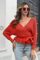 Tie Waist Ruffle Hem Sweater - Trendsi
