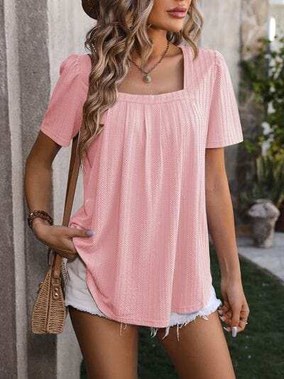 Ruched Square Neck Short Sleeve Blouse - Trendsi - Flyclothing LLC