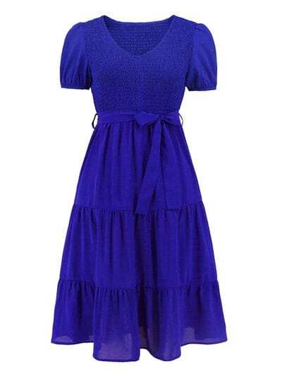 Smocked Tie Front Short Sleeve Tiered Dress - Trendsi - Flyclothing LLC