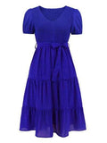 Smocked Tie Front Short Sleeve Tiered Dress - Trendsi - Flyclothing LLC