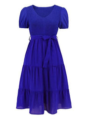 Smocked Tie Front Short Sleeve Tiered Dress - Flyclothing LLC