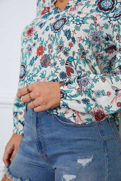 Floral Notched Long Sleeve Blouse - Trendsi - Flyclothing LLC