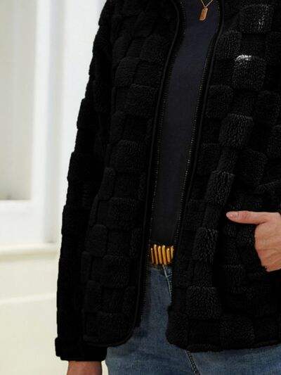 Fuzzy Checkered Zip Up Jacket - Trendsi - Flyclothing LLC