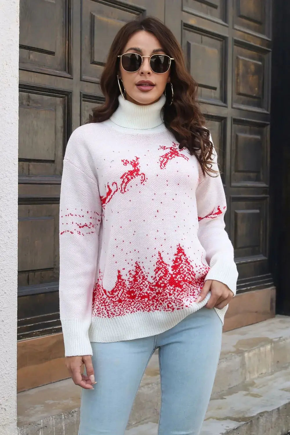 Reindeer & Snow Pattern Turtle Neck Pullover Sweater - Trendsi - Flyclothing LLC
