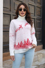 Reindeer & Snow Pattern Turtle Neck Pullover Sweater - Trendsi