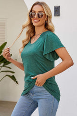 Smocked Round Neck Flutter Sleeve T-Shirt - Trendsi - Flyclothing LLC