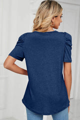 Heathered V-Neck Puff Sleeve T-Shirt - Trendsi - Flyclothing LLC