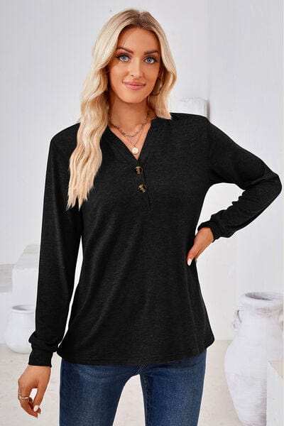 Notched Button Detail Long Sleeve T-Shirt - Trendsi - Flyclothing LLC