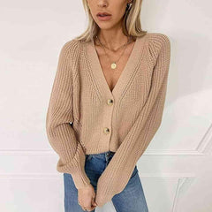 Button Up V-Neck Long Sleeve Cardigan - Trendsi