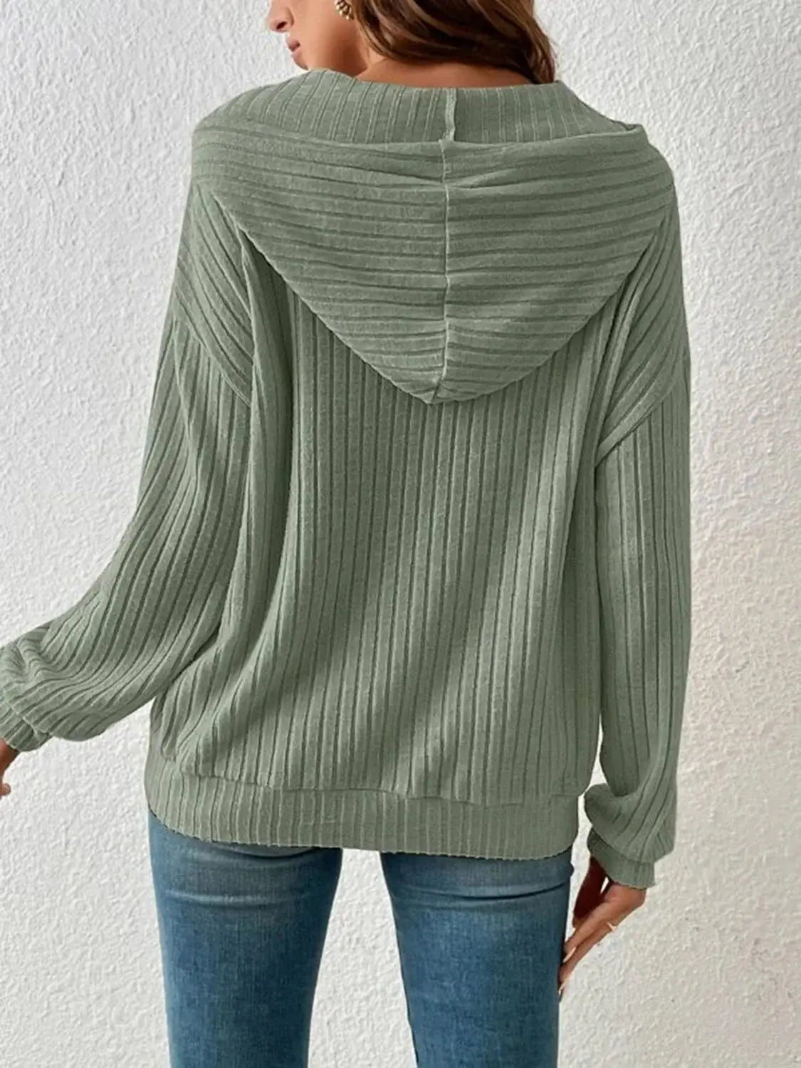Ribbed Dropped Shoulder Drawstring Hoodie - Trendsi - Flyclothing LLC
