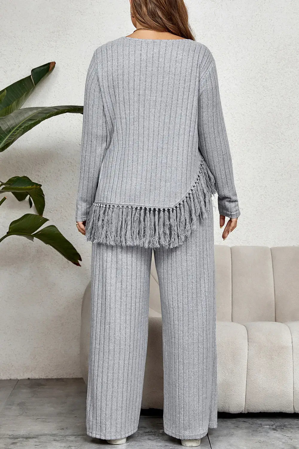 Plus Size Tassel Hem Top and Pants Set - Trendsi - Flyclothing LLC