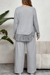 Plus Size Tassel Hem Top and Pants Set - Trendsi - Flyclothing LLC