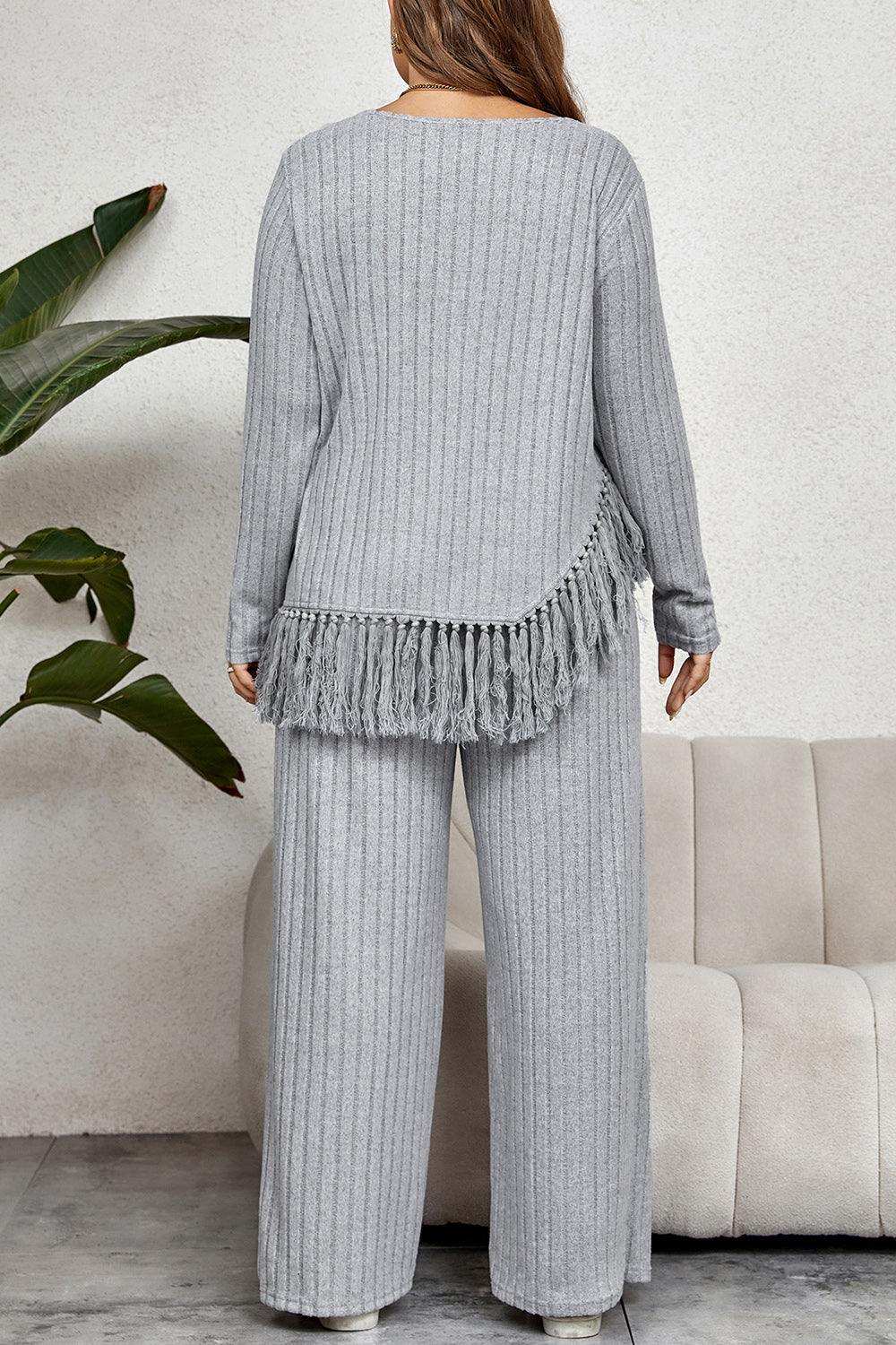 Plus Size Tassel Hem Top and Pants Set - Trendsi - Flyclothing LLC