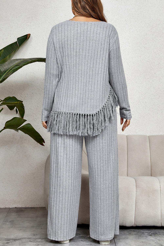 Plus Size Tassel Hem Top and Pants Set - Trendsi - Flyclothing LLC