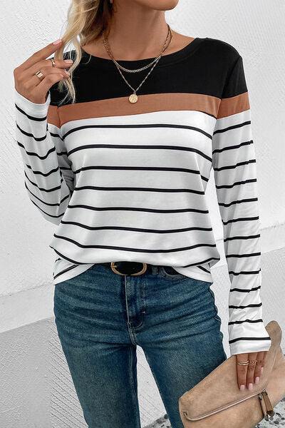 Striped Round Neck Long Sleeve T-Shirt - Trendsi