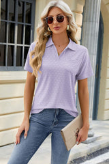 Pocketed Johnny Collar Short Sleeve Blouse - Trendsi - Flyclothing LLC