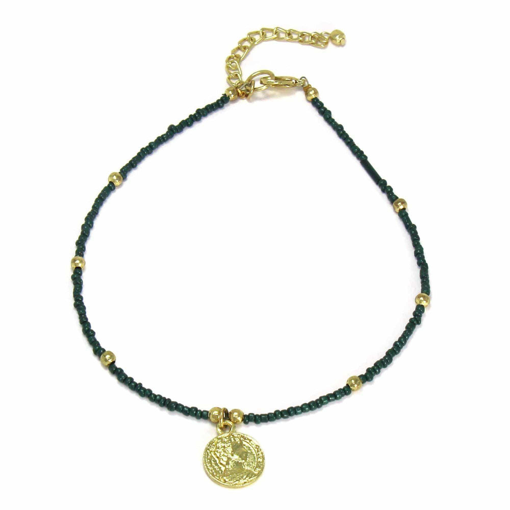 Dark Green Glass Bead Choker with Brass Coin Pendant - Asha Handicrafts - Flyclothing LLC