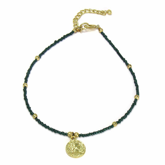 Dark Green Glass Bead Choker with Brass Coin Pendant - Asha Handicrafts - Flyclothing LLC