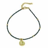 Dark Green Glass Bead Choker with Brass Coin Pendant - Asha Handicrafts