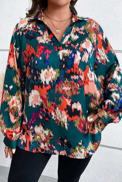 Plus Size Printed Johnny Collar Long Sleeve Blouse - Trendsi - Flyclothing LLC