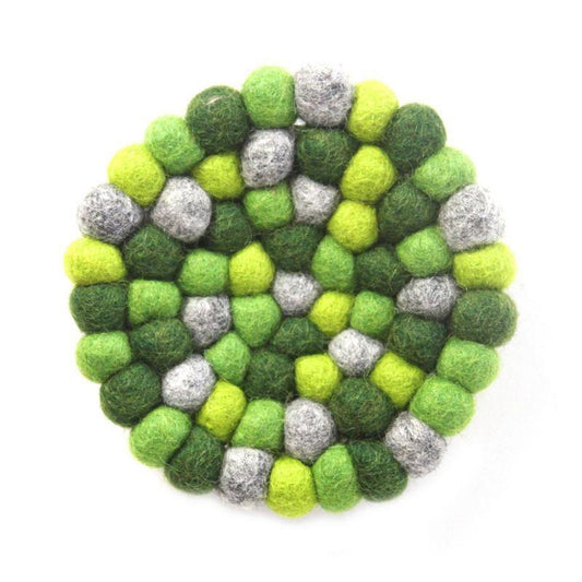 Hand Crafted Felt Ball Coasters from Nepal: 4-pack, Chakra Greens - Global Groove (T) - Global Groove
