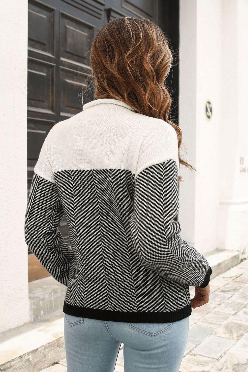 Two-Tone Mock Neck Dropped Shoulder Pullover Sweater - Flyclothing LLC