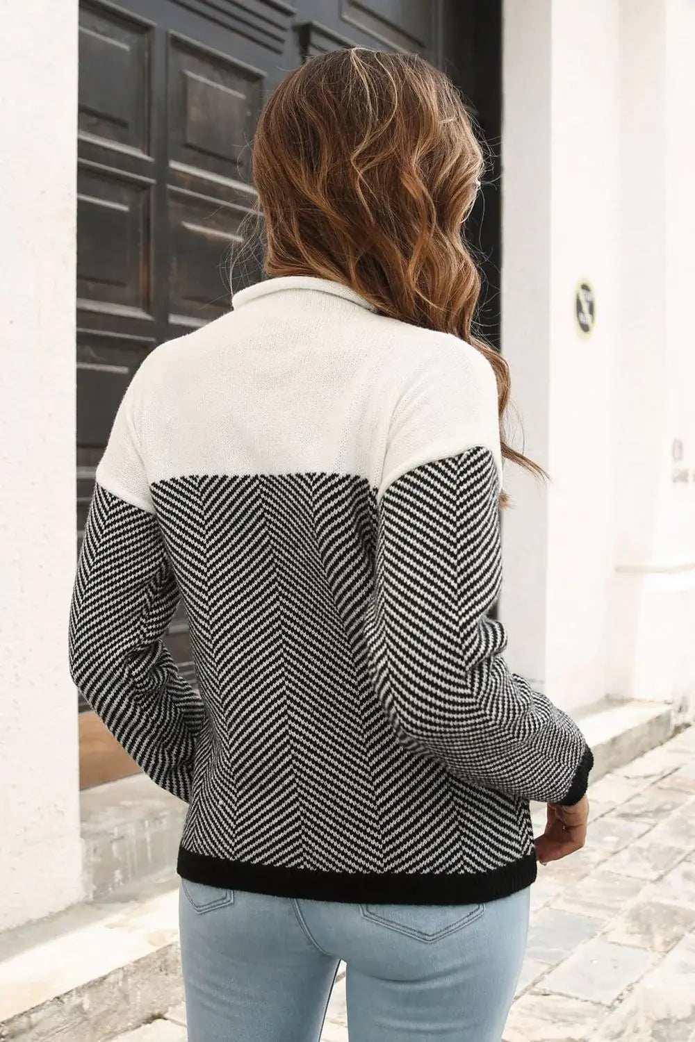 Two-Tone Mock Neck Dropped Shoulder Pullover Sweater - Trendsi - Flyclothing LLC