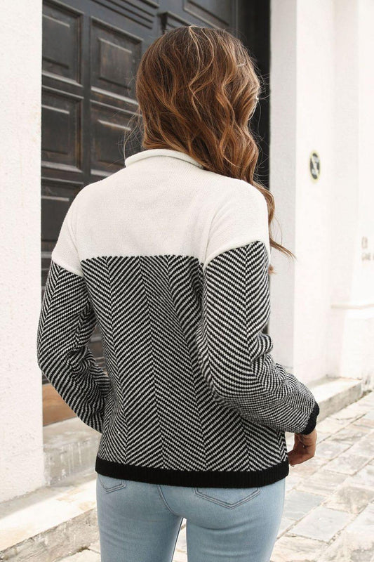 Two-Tone Mock Neck Dropped Shoulder Pullover Sweater - Flyclothing LLC