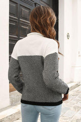 Two-Tone Mock Neck Dropped Shoulder Pullover Sweater - Flyclothing LLC