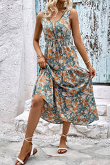 Floral V-Neck Tiered Sleeveless Dress - Trendsi