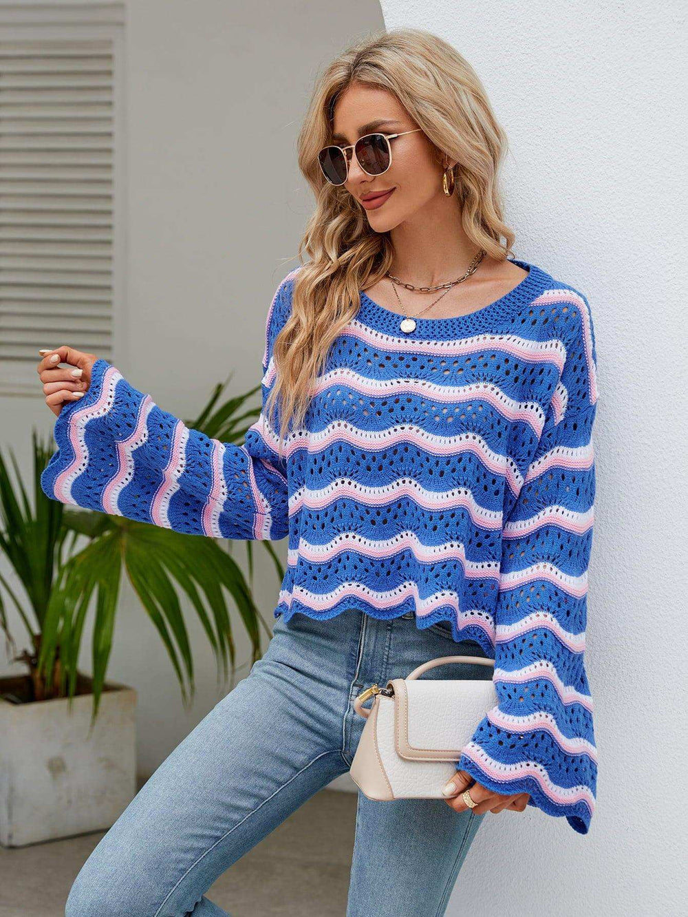 Round Neck Openwork Flare Sleeve Knit Top - Trendsi - Flyclothing LLC
