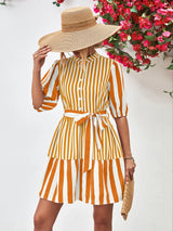 Striped Half Sleeve Tie Waist Mini Dress - Trendsi - Flyclothing LLC