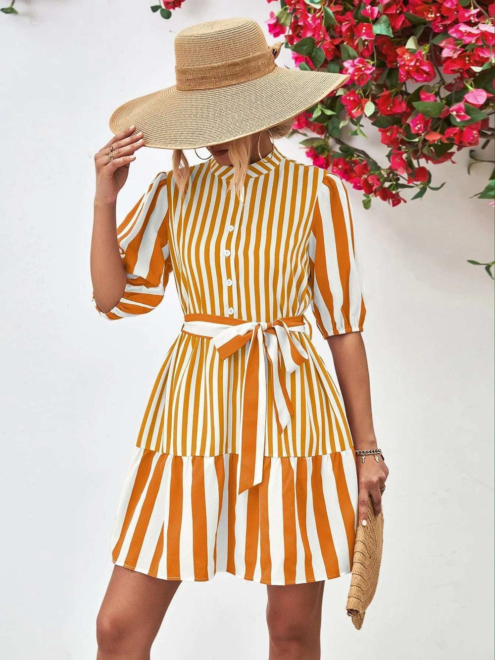 Striped Half Sleeve Tie Waist Mini Dress - Trendsi - Flyclothing LLC