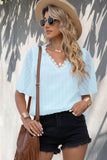 Swiss Dot Lace Trim Flutter Sleeve V-Neck Blouse - Trendsi
