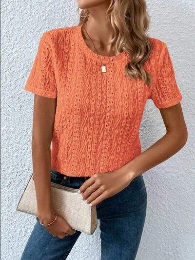 Eyelet Round Neck Short Sleeve T-Shirt - Trendsi - Flyclothing LLC