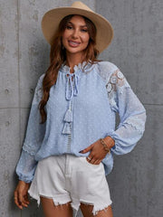 Crochet Tassel Tie Neck Long Sleeve Blouse - Trendsi