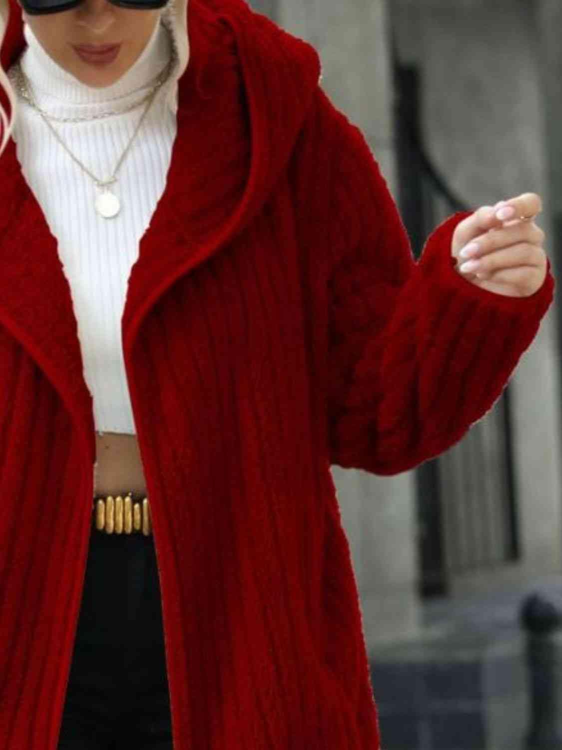 Open Front Ribbed Hooded Coat - Trendsi