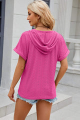 Eyelet Drawstring Hooded Short Sleeve Blouse - Trendsi - Flyclothing LLC